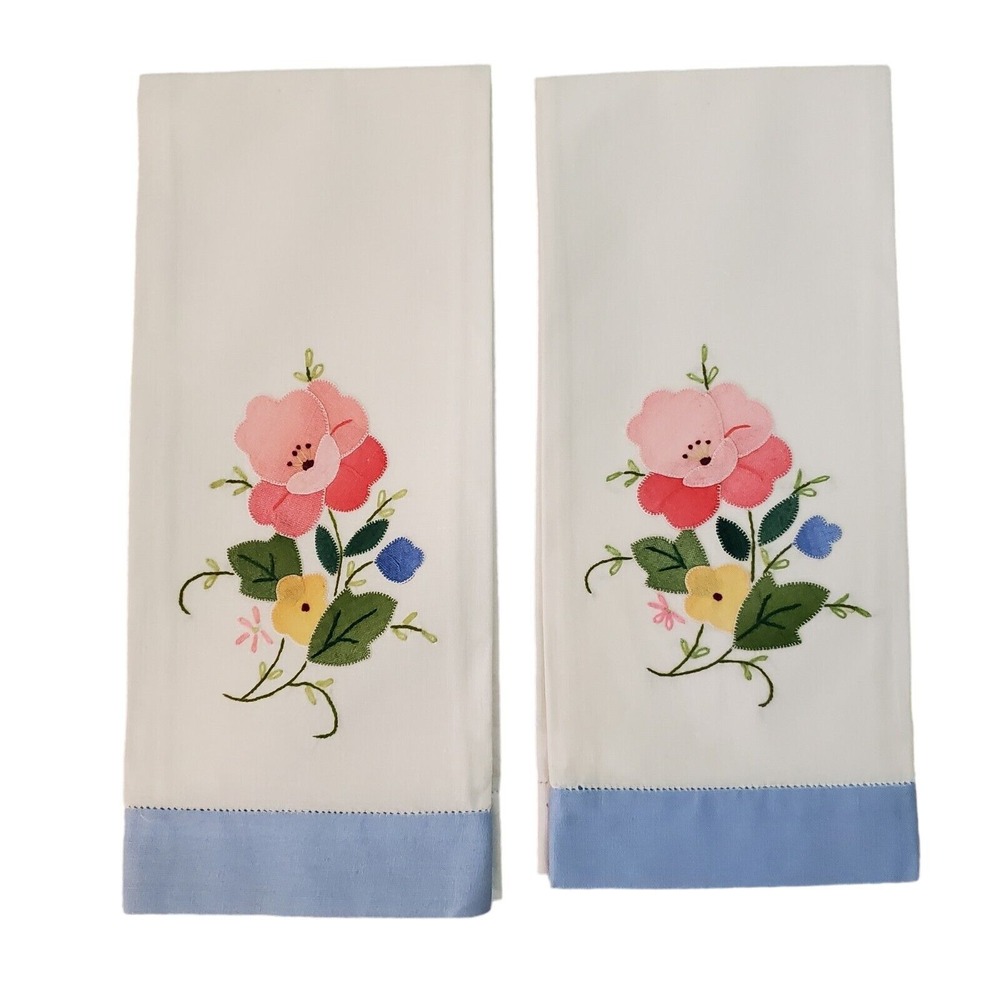 Vintage Hand Embroidered Floral Applique Linen Hand Towels 2 W/ Blue Border